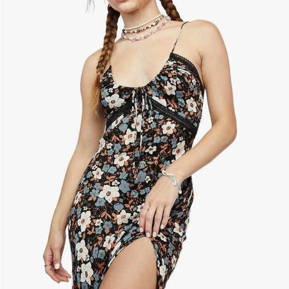 🆕Free People All I Wanted Maxi Slip Dress Black Combo Straps Slit XL🆕 - Picture 3 of 16